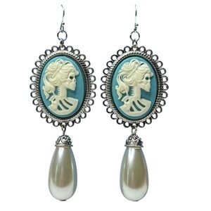 Cameo Skull Earrings with Vintage Pearl Teardrops Handmade